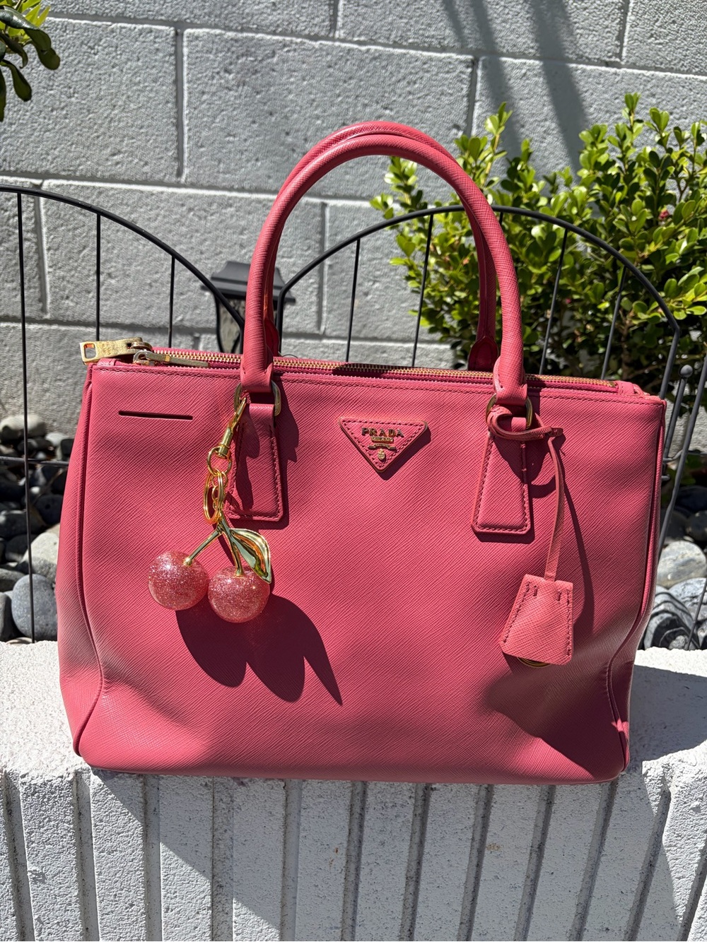 Prada Double Zip Lux Tote Saffiano Leather bag with Cherry Charm in pink